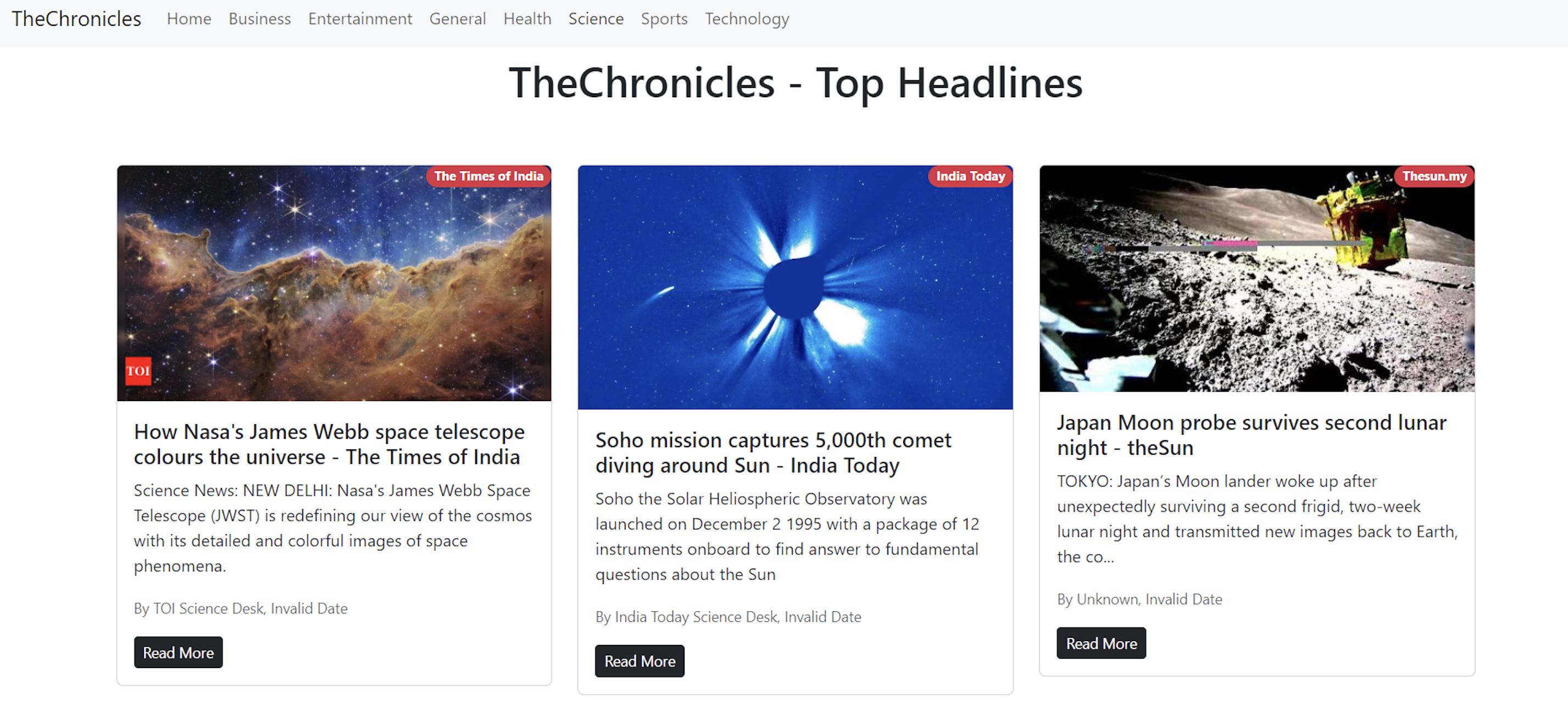 The Chronicles — news aggregator app interface